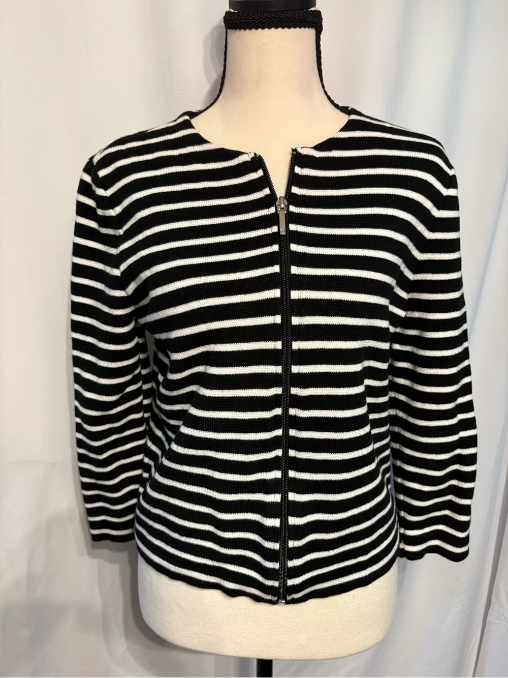 Chaps 100% Cotton Workwear Black & White Striped Zip-Front Cardigan Size M